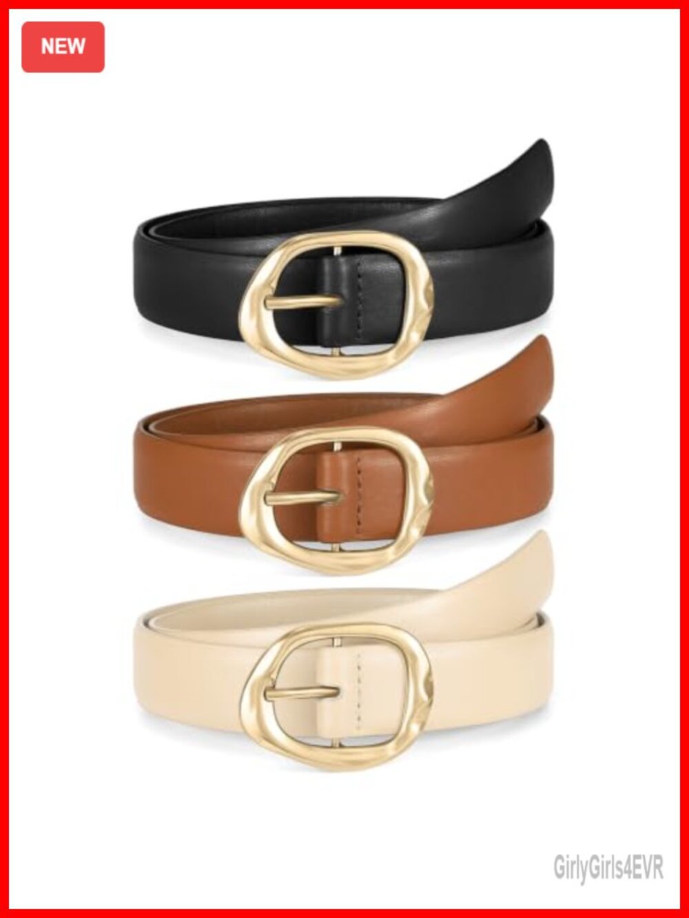 3 Pack Leather Belts with Liquid-Shaped Gold Buckle